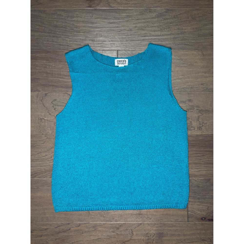 Vintage Chicos Design Turquoise Blue Knit Shell Top Scoop Neck Sleeveless Size 3